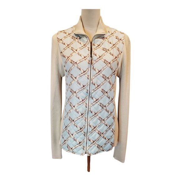 J. McLaughlin SZ L Quilted Silk Bamboo Print Sweater Jacket in Cream & Blue - Picture 2 of 9